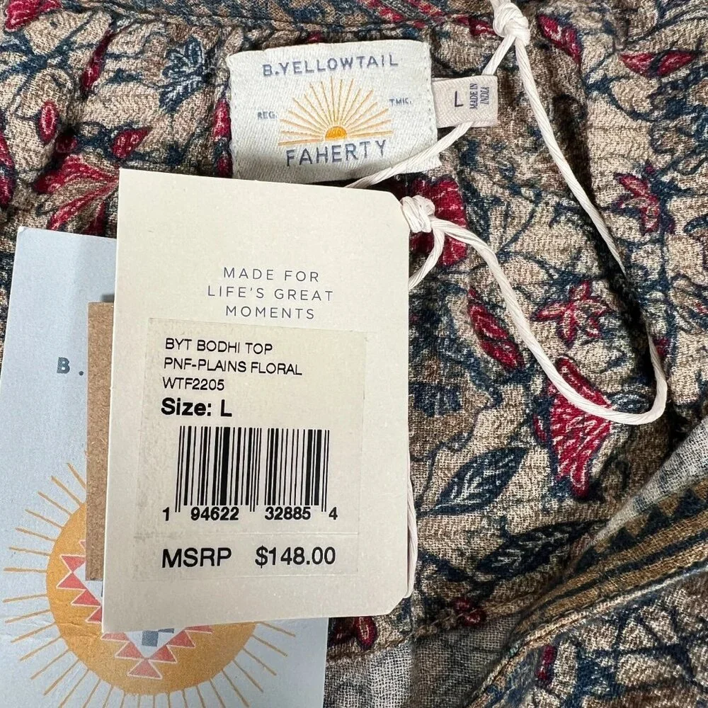 Faherty B. Yellowtail Womens Floral Ruffle Trim Bodhi Top Blouse Size L  NEW - Picture 7 of 11